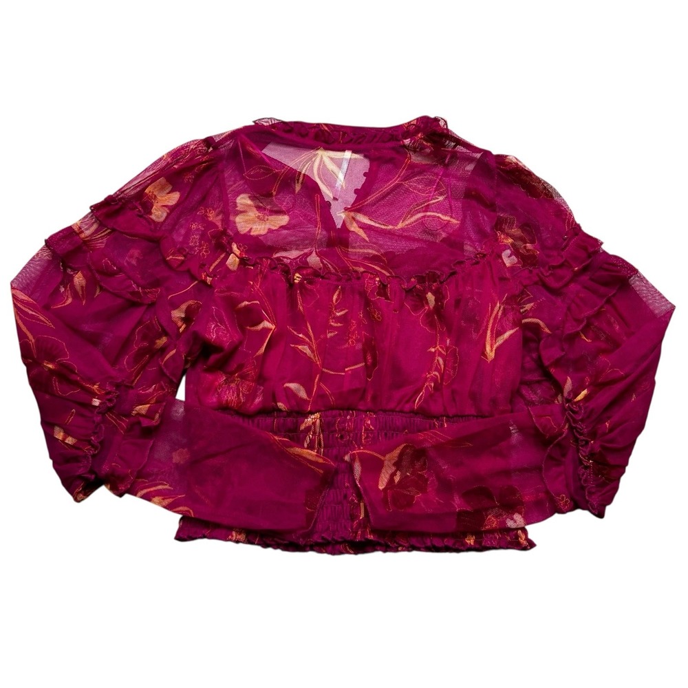 Free People‎ Blouse Womens Small Magenta Floral Sheer Mesh Smocked Ruffle Top - Picture 11 of 12
